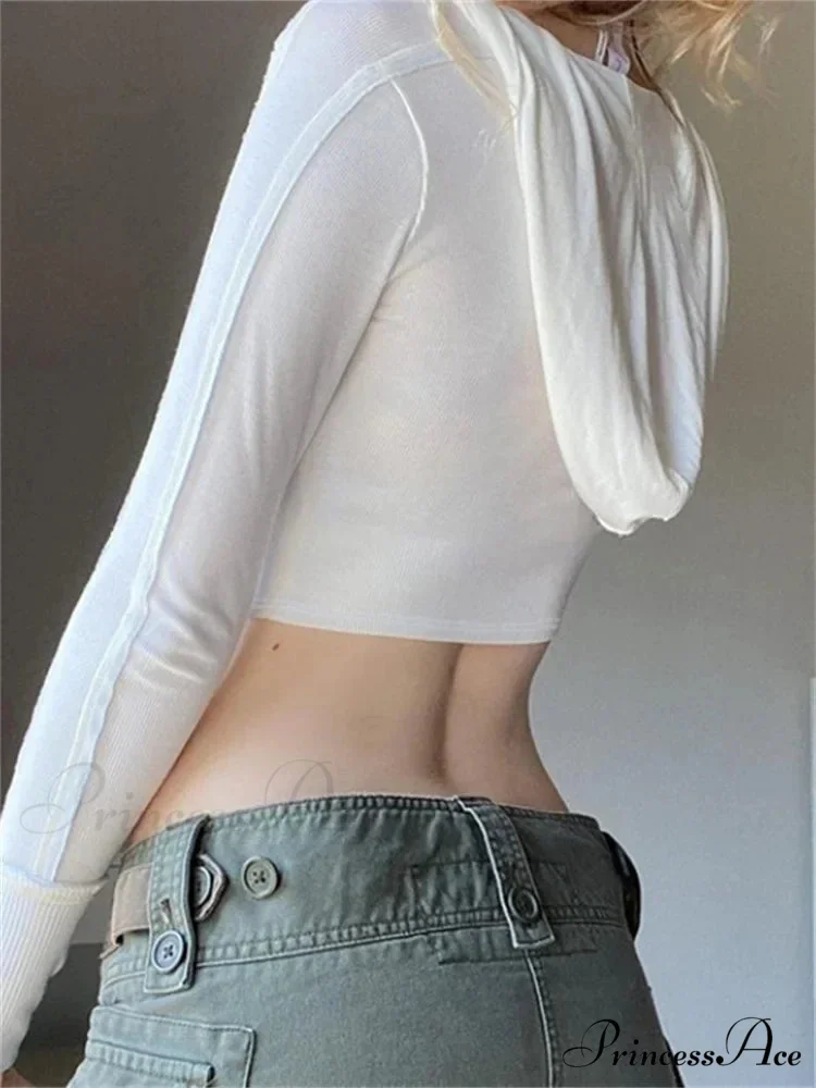 Hooded Ribbed Long Sleeve Deep V Neck Solid Color Slim Fit T-shirts - Image 2
