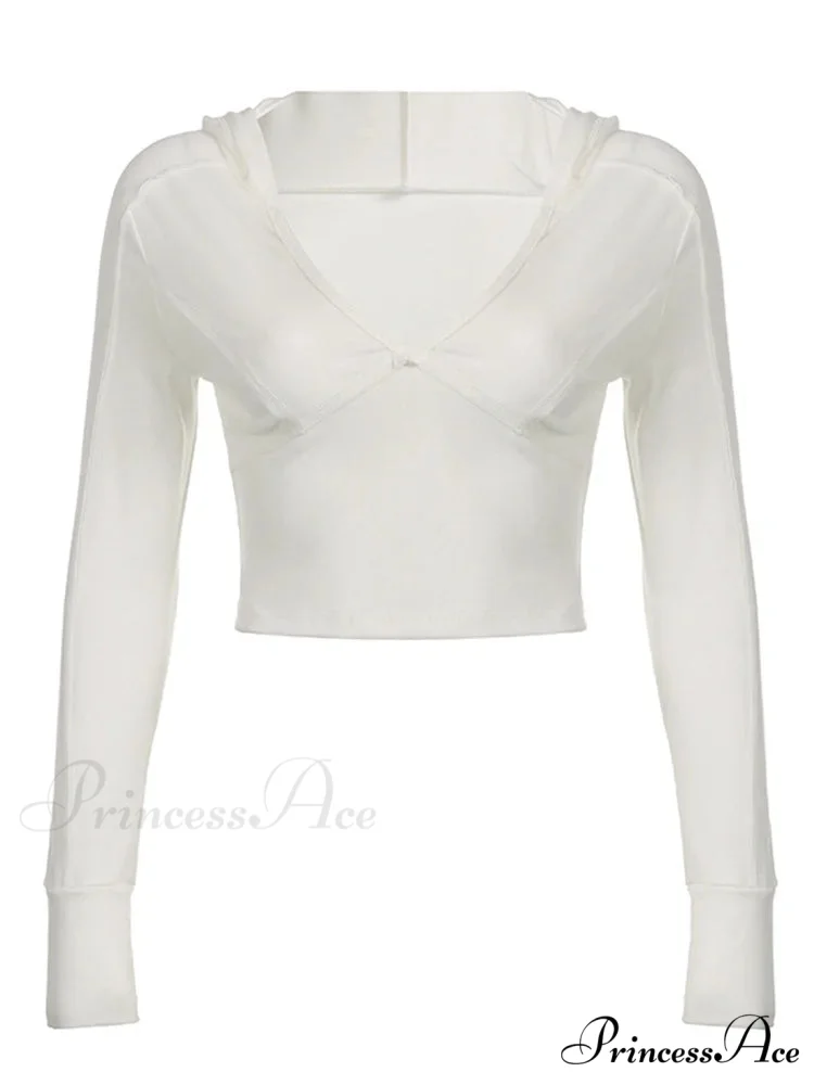 Hooded Ribbed Long Sleeve Deep V Neck Solid Color Slim Fit T-shirts - Image 3