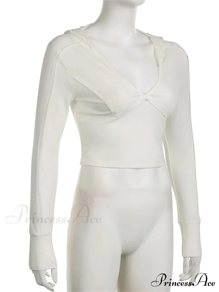 Hooded Ribbed Long Sleeve Deep V Neck Solid Color Slim Fit T-shirts - Image 4