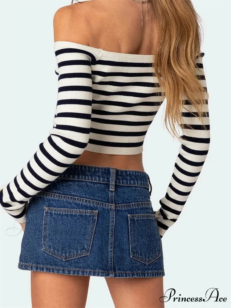 Long Sleeve Off-shoulder Striped Exposed Navel T-Shirts - Image 3