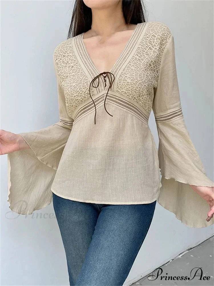 Retro Spring Autumn y2k Fairycore V-neck Long Flare Sleeve T-shirts - Image 2