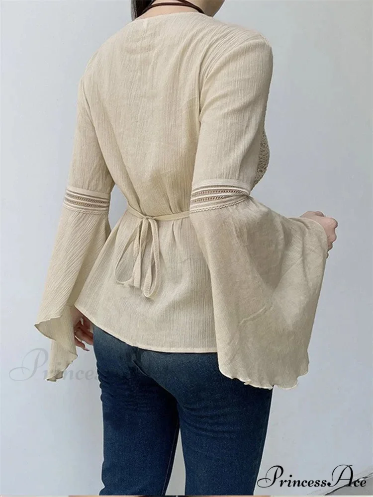 Retro Spring Autumn y2k Fairycore V-neck Long Flare Sleeve T-shirts - Image 3
