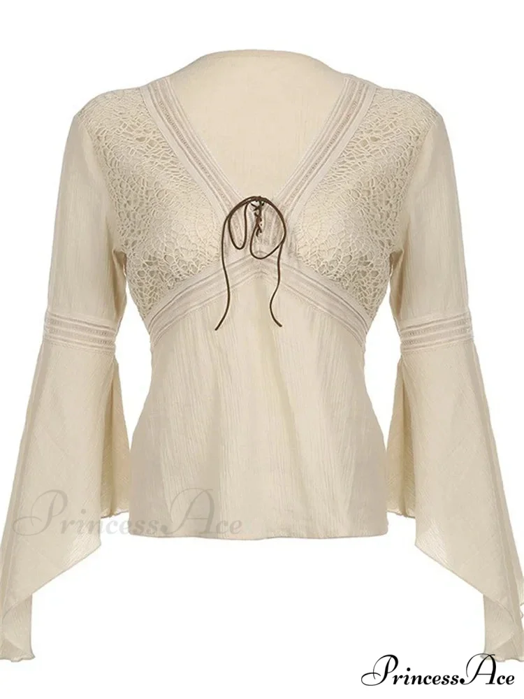 Retro Spring Autumn y2k Fairycore V-neck Long Flare Sleeve T-shirts - Image 4