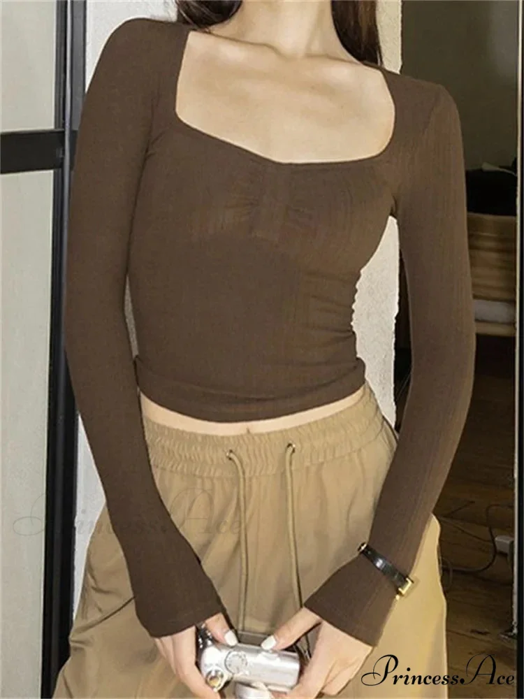 Solid Color Square Neck Ruched Crop Tops T-Shirts - Image 6