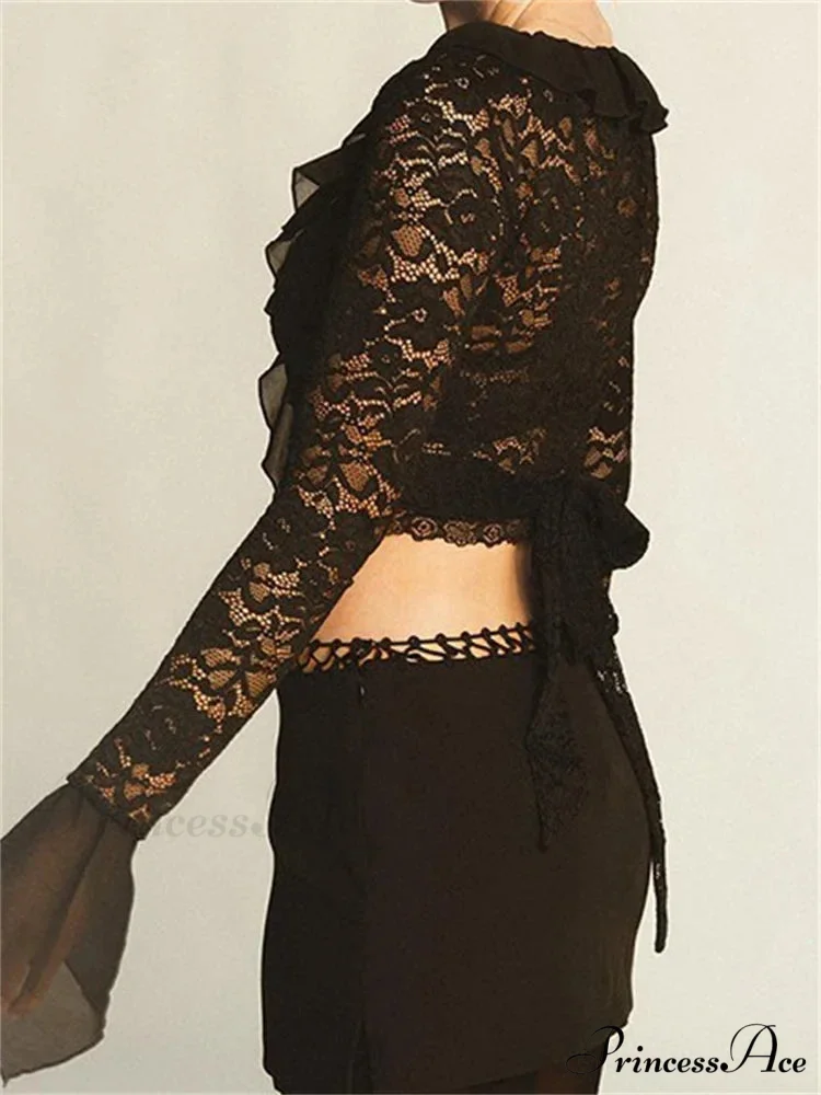 Lace Flora Flare Sleeve V Neck Ruffles Mesh Sheer T-shirts - Image 2