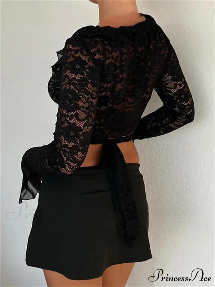 Lace Flora Flare Sleeve V Neck Ruffles Mesh Sheer T-shirts - Image 4