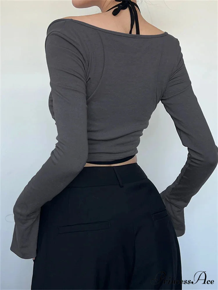 Halter Tie-upOff Shoulder Patchwork Long Sleeve Slim Fit T-shirts - Image 2