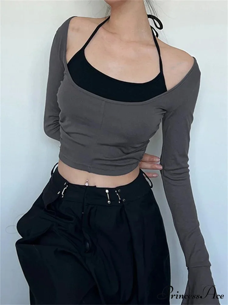 Halter Tie-upOff Shoulder Patchwork Long Sleeve Slim Fit T-shirts - Image 4