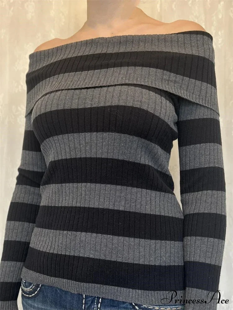 Retro Slash Neck Off Shoulder RibbedLong Sleeve T-shirts - Image 2