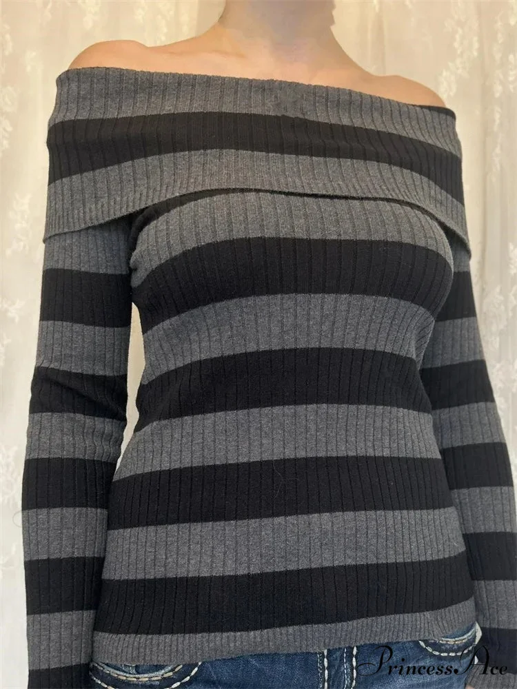 Retro Slash Neck Off Shoulder RibbedLong Sleeve T-shirts - Image 3