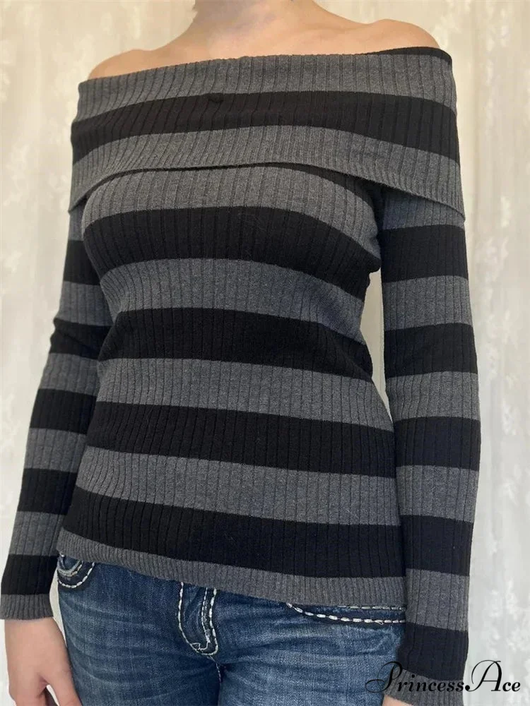 Retro Slash Neck Off Shoulder RibbedLong Sleeve T-shirts - Image 4