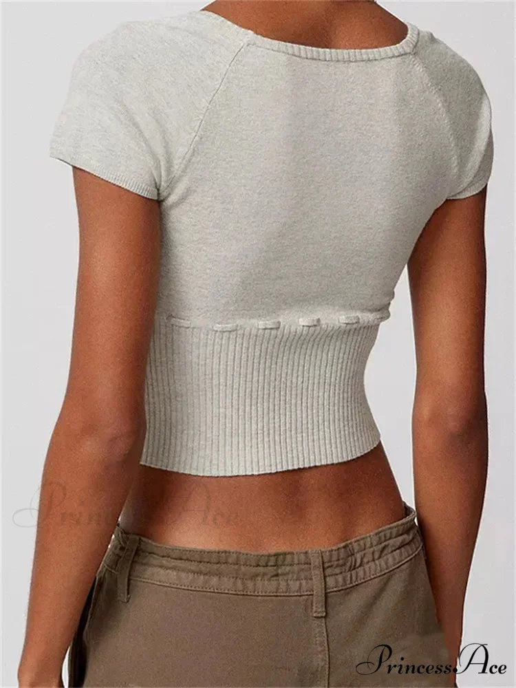 Knitted Ribbed Solid Color Short Sleeve Square Neck Drawstring T-shirts - Image 3