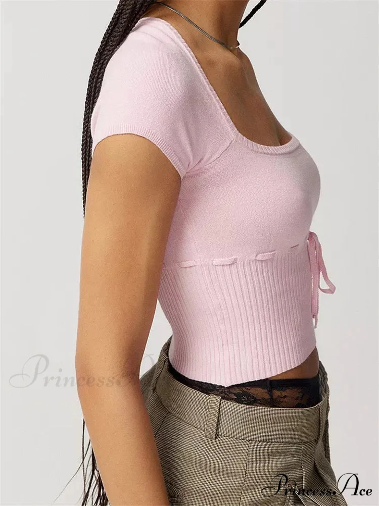 Knitted Ribbed Solid Color Short Sleeve Square Neck Drawstring T-shirts - Image 5