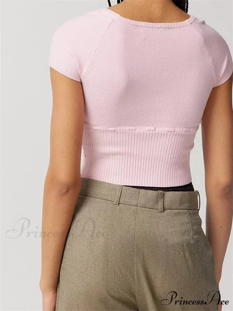 Knitted Ribbed Solid Color Short Sleeve Square Neck Drawstring T-shirts - Image 6
