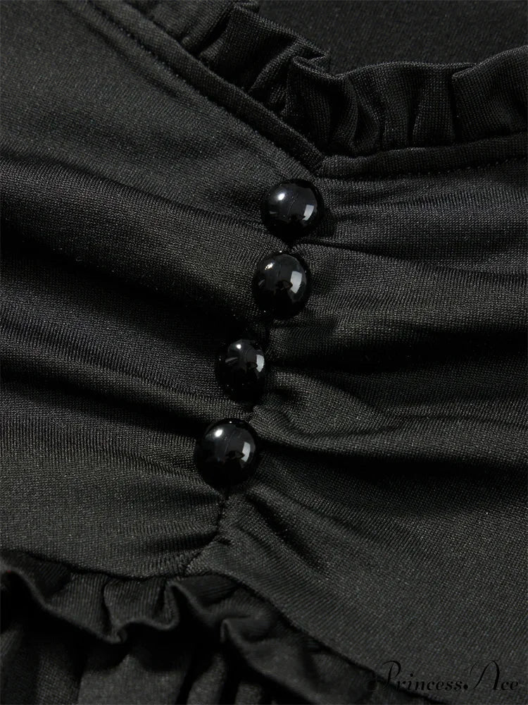 V-neck Ruched Solid Color Vintage Ruched Buttons T-Shirts - Image 3