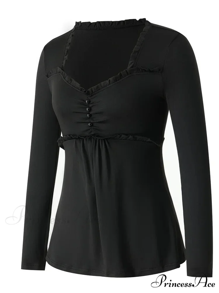 V-neck Ruched Solid Color Vintage Ruched Buttons T-Shirts - Image 4
