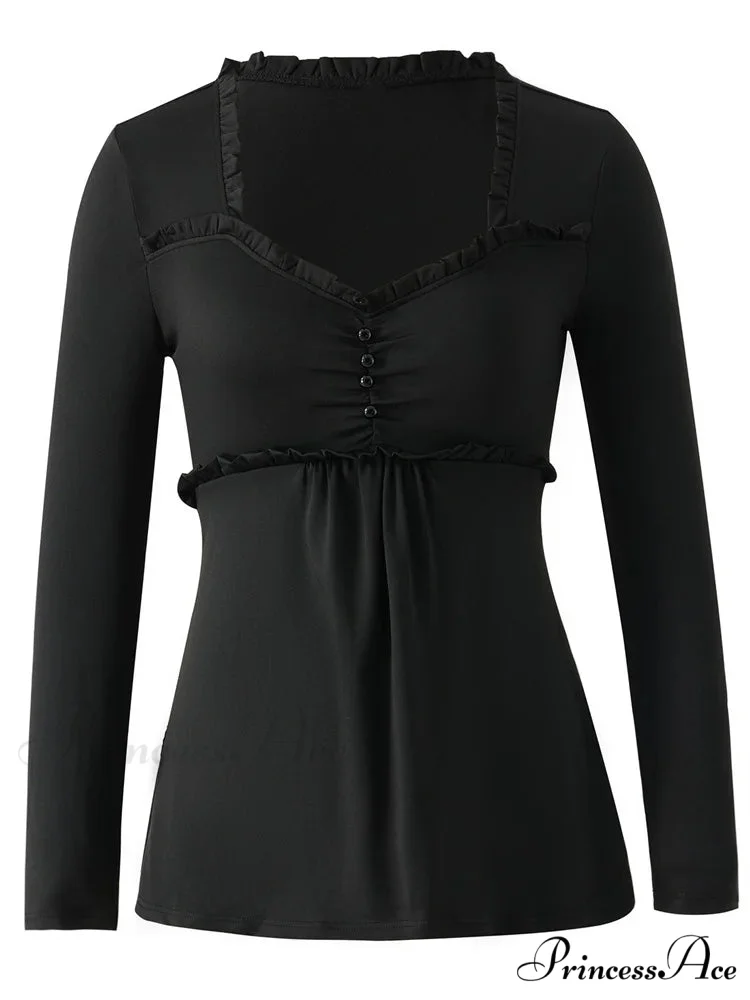 V-neck Ruched Solid Color Vintage Ruched Buttons T-Shirts - Image 5