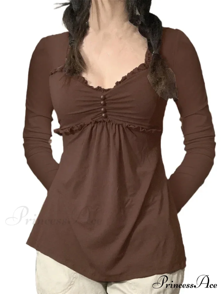 V-neck Ruched Solid Color Vintage Ruched Buttons T-Shirts - Image 6