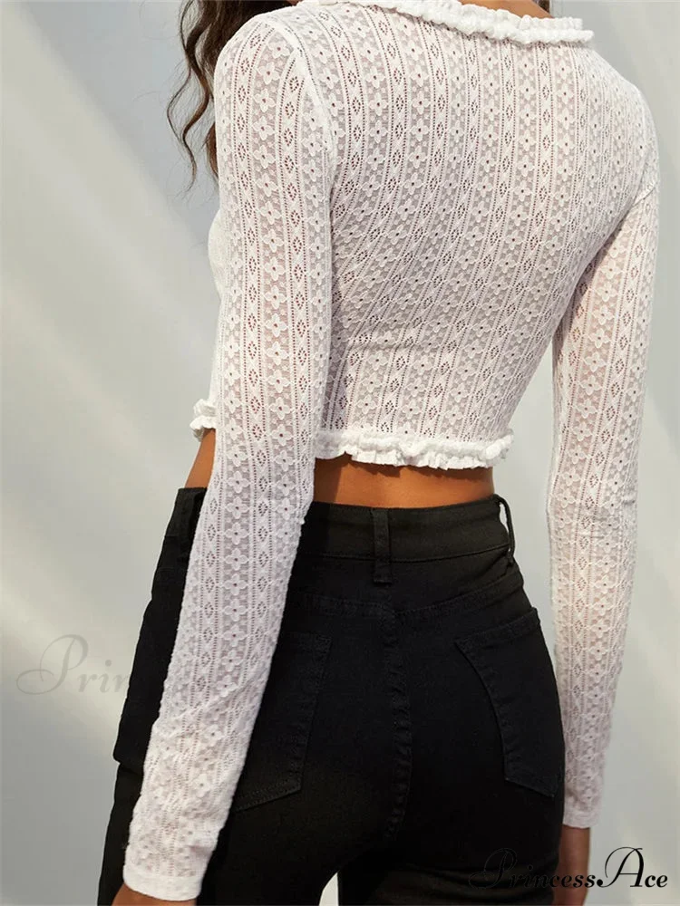 Long Sleeve Solid Color Casual Irregular Hem LaceT-shirts - Image 2