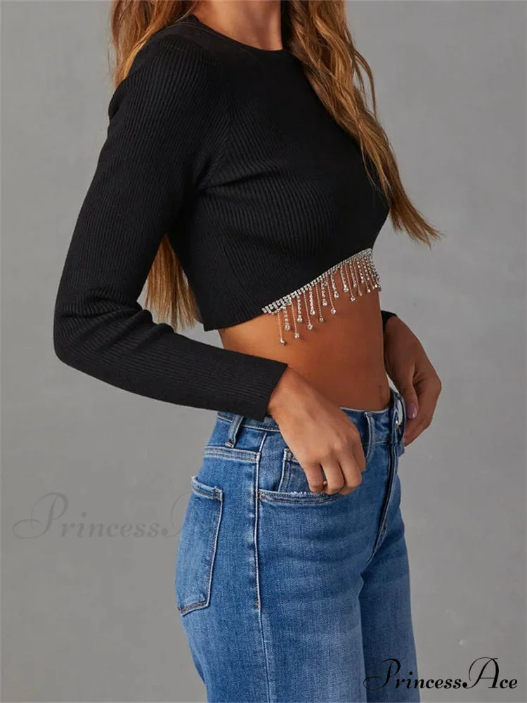 Knitted Grunge Round Neck Long Sleeve Slim Fit T-shirts - Image 3