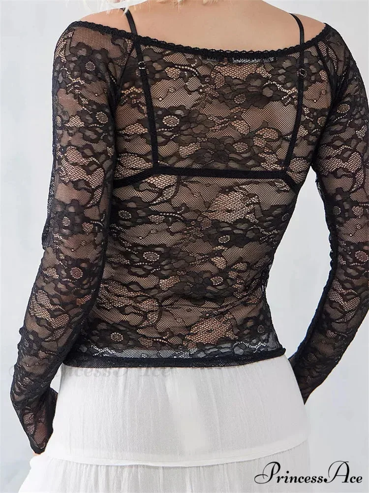 Sexy Mesh See Through V-Neck Fairy Grunge Lace T-Shirts - Image 2