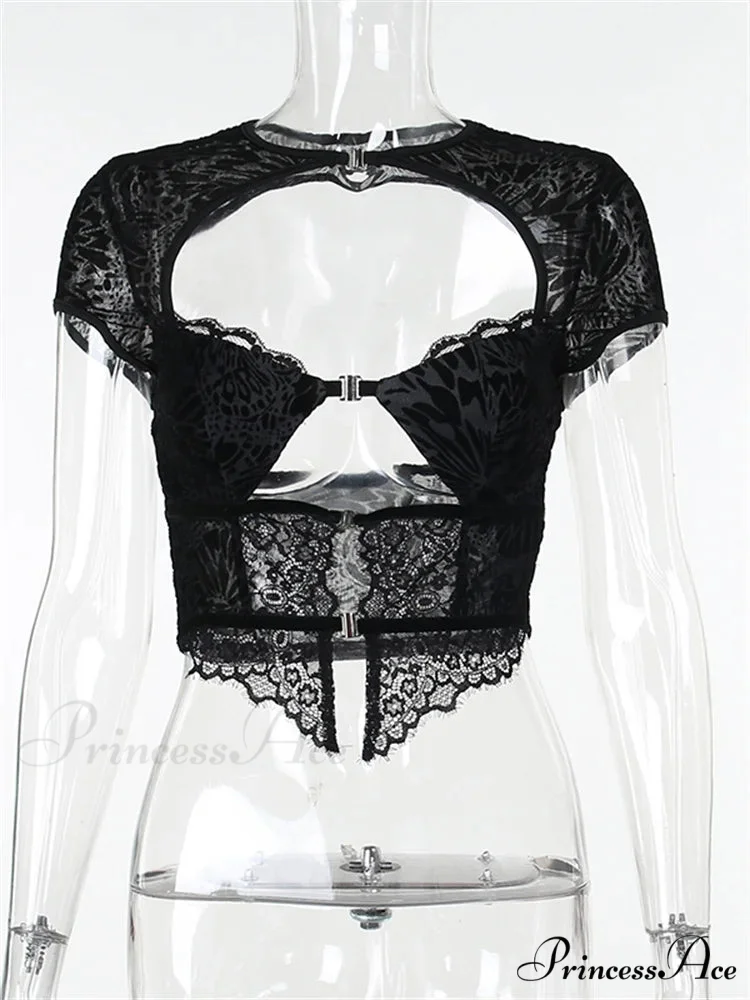Fairycore Grunge Lace Backless Hollow Out Short Sleeve T-Shirts - Image 4