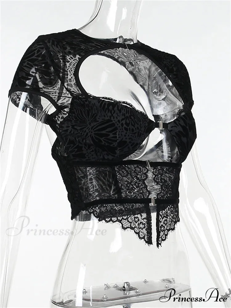Fairycore Grunge Lace Backless Hollow Out Short Sleeve T-Shirts - Image 5