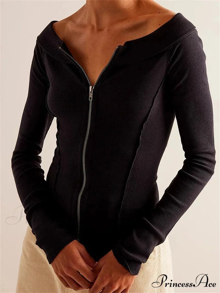 Knitted Patchwork Solid Color Long Sleeve Double Zip Up T-shirts - Image 2