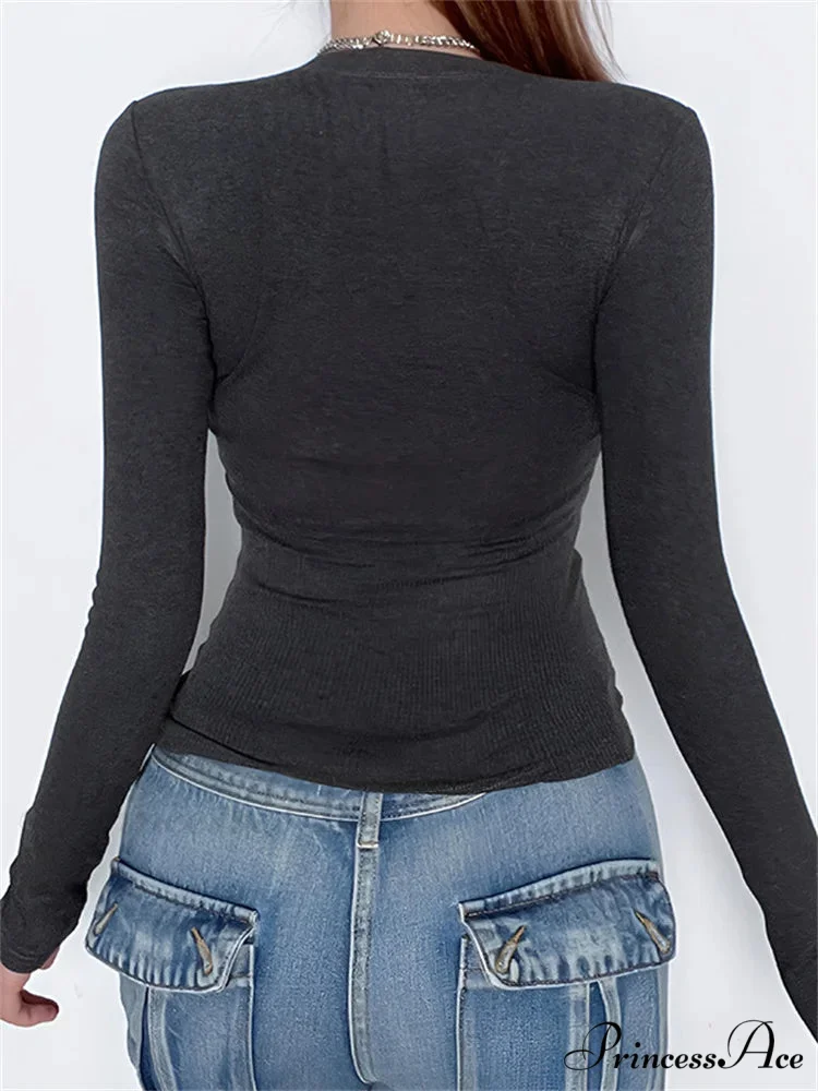 Retro Lace Patchwork Slim FitLong Sleeve V-Neck T-Shirts - Image 2