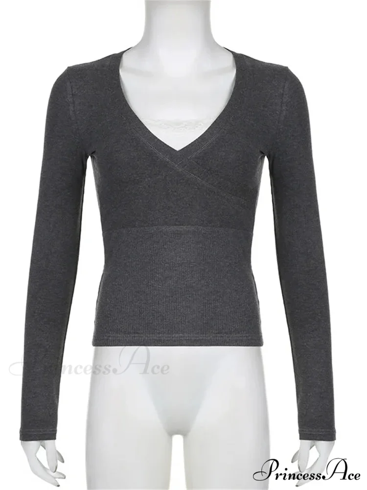 Retro Lace Patchwork Slim FitLong Sleeve V-Neck T-Shirts - Image 3