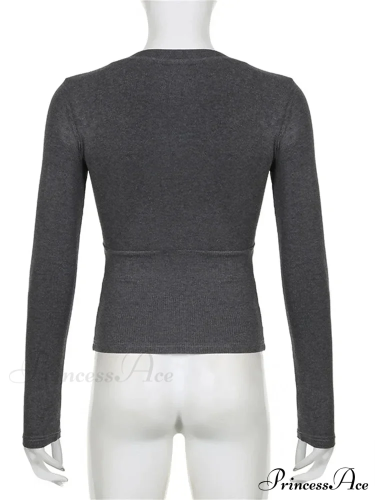 Retro Lace Patchwork Slim FitLong Sleeve V-Neck T-Shirts - Image 4