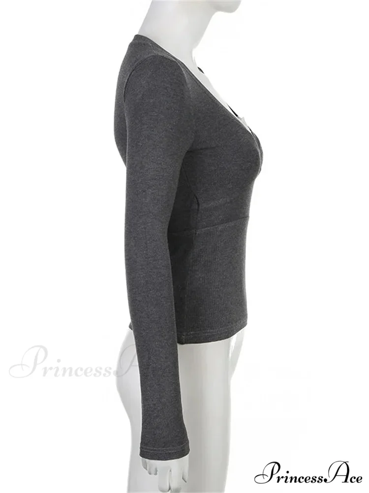 Retro Lace Patchwork Slim FitLong Sleeve V-Neck T-Shirts - Image 5
