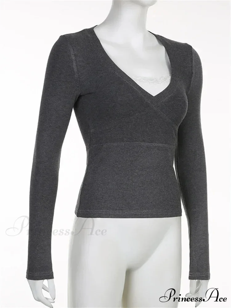 Retro Lace Patchwork Slim FitLong Sleeve V-Neck T-Shirts - Image 6