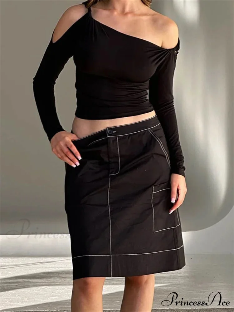 Sexy Off Shoulder Long Sleeve Neck Solid Color Slim Fit T-shirts - Image 2