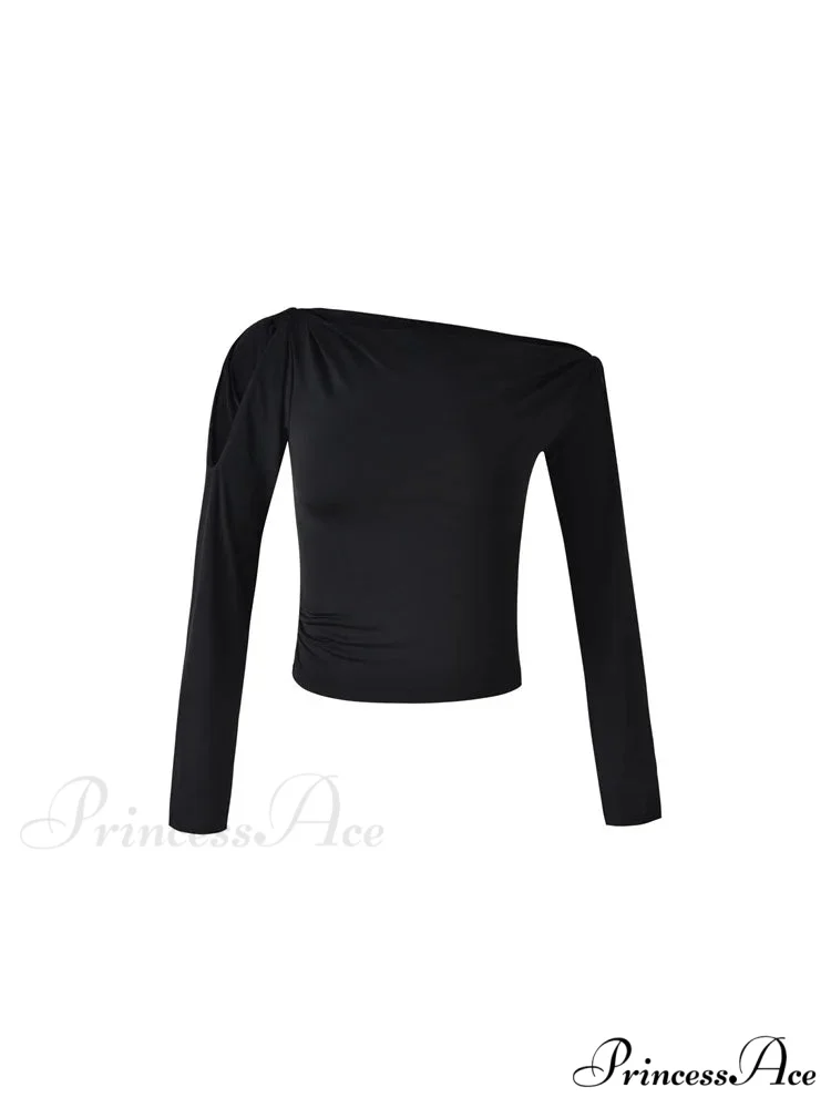 Sexy Off Shoulder Long Sleeve Neck Solid Color Slim Fit T-shirts - Image 3