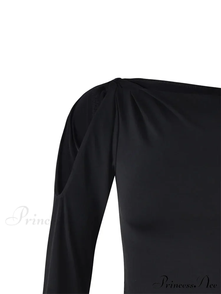 Sexy Off Shoulder Long Sleeve Neck Solid Color Slim Fit T-shirts - Image 5