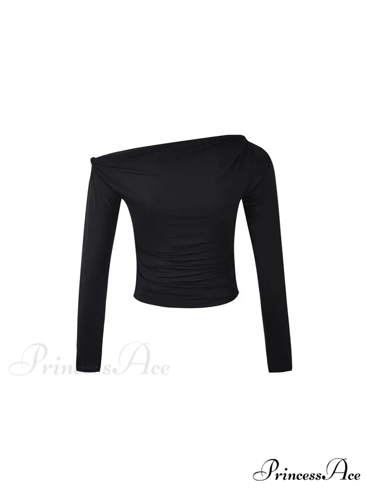 Sexy Off Shoulder Long Sleeve Neck Solid Color Slim Fit T-shirts - Image 6