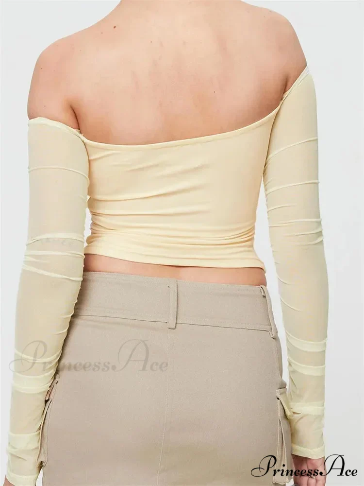 Slash Neck Off Shoulder Mesh See Through Long SleeveT-shirts - Image 2