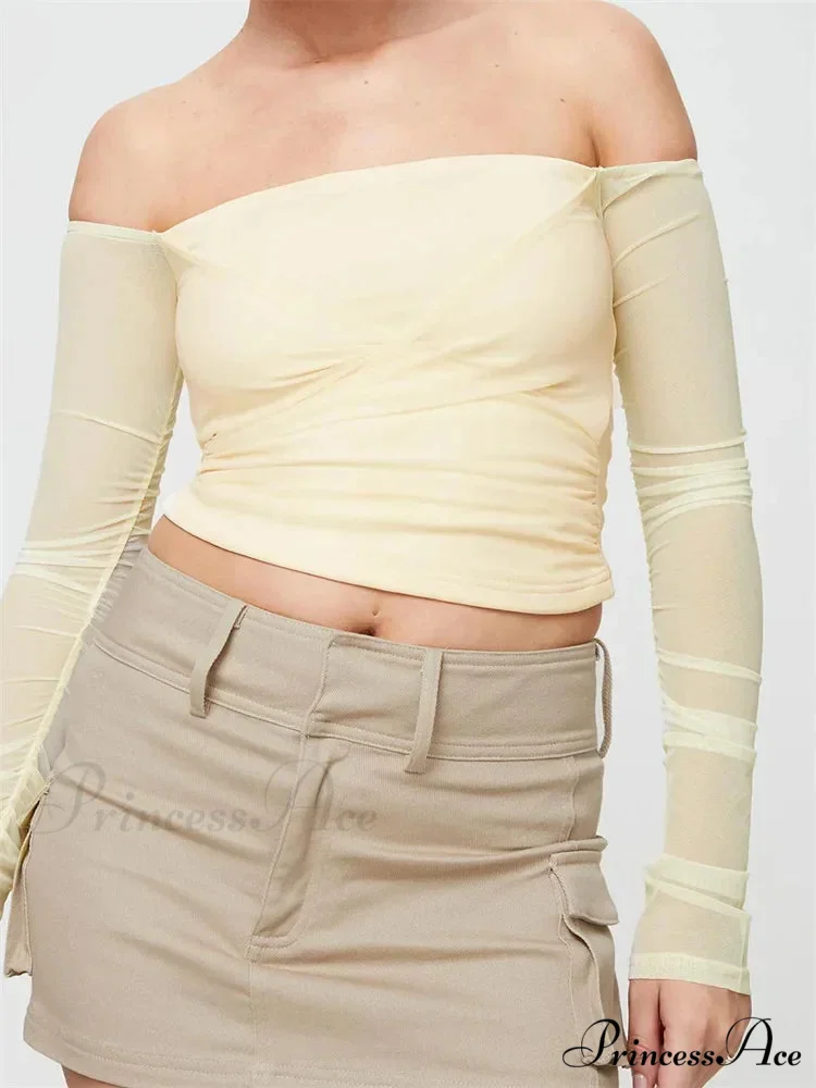 Slash Neck Off Shoulder Mesh See Through Long SleeveT-shirts - Image 3
