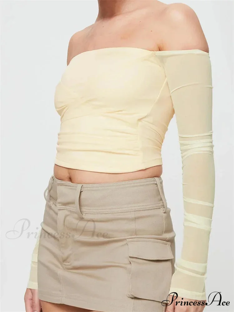 Slash Neck Off Shoulder Mesh See Through Long SleeveT-shirts - Image 4