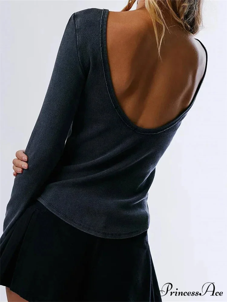 Casual Ribbed Long Sleeve Solid Slim Fit Backless T-Shirts - Image 4