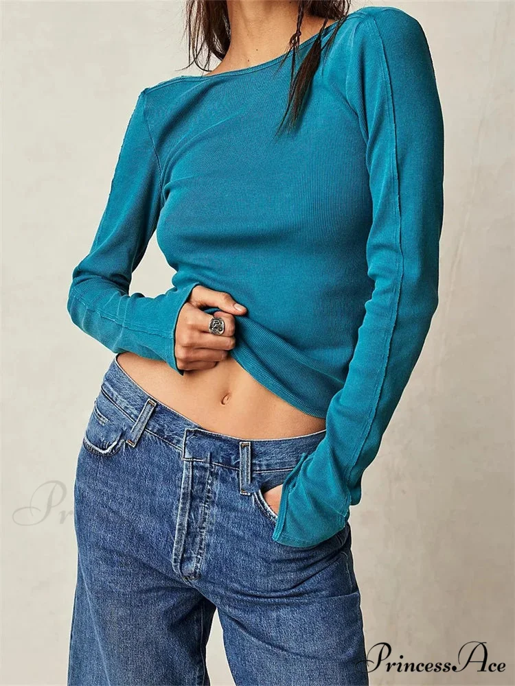 Casual Ribbed Long Sleeve Solid Slim Fit Backless T-Shirts - Image 5