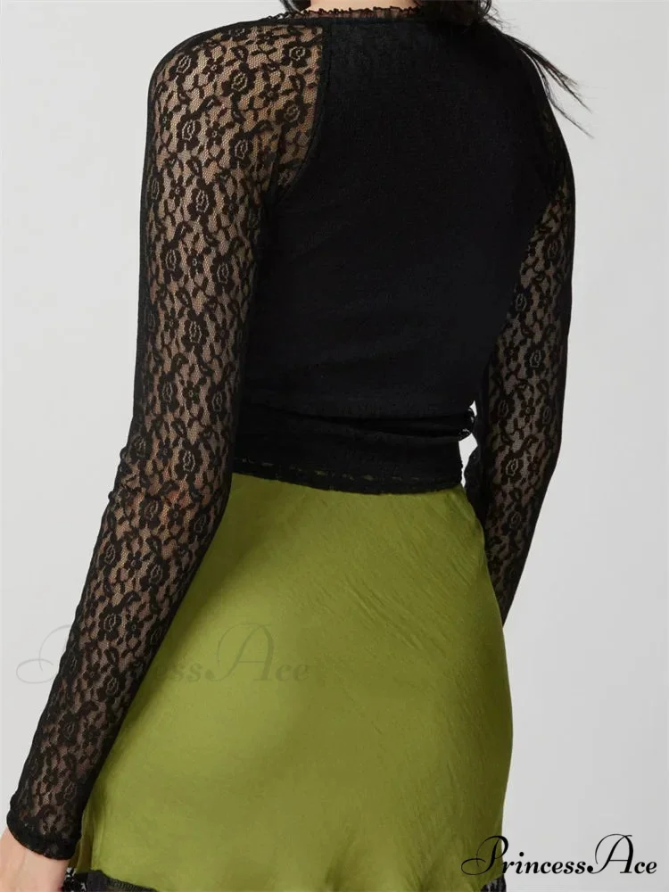Clubwear V-neck Black Slim Lace Flower Mesh T-Shirts - Image 3