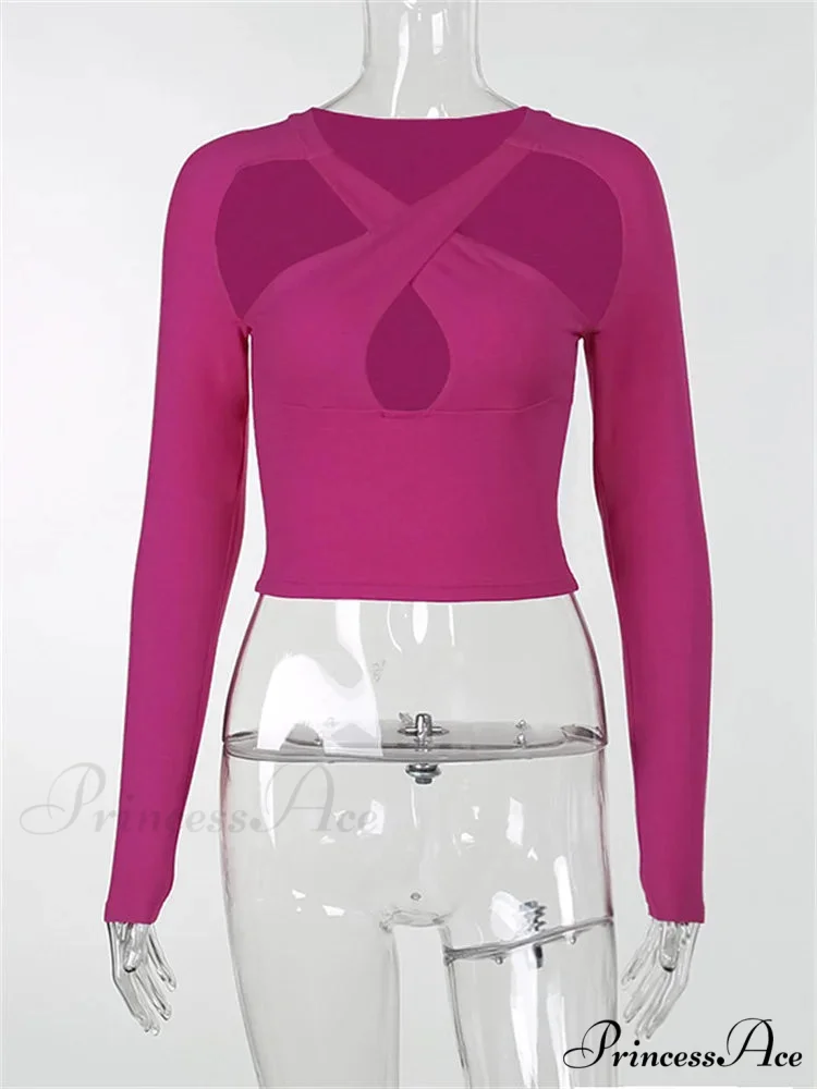 Long Sleeve Front Criss-Cross Solid Color Slim Fit T-shirts - Image 5