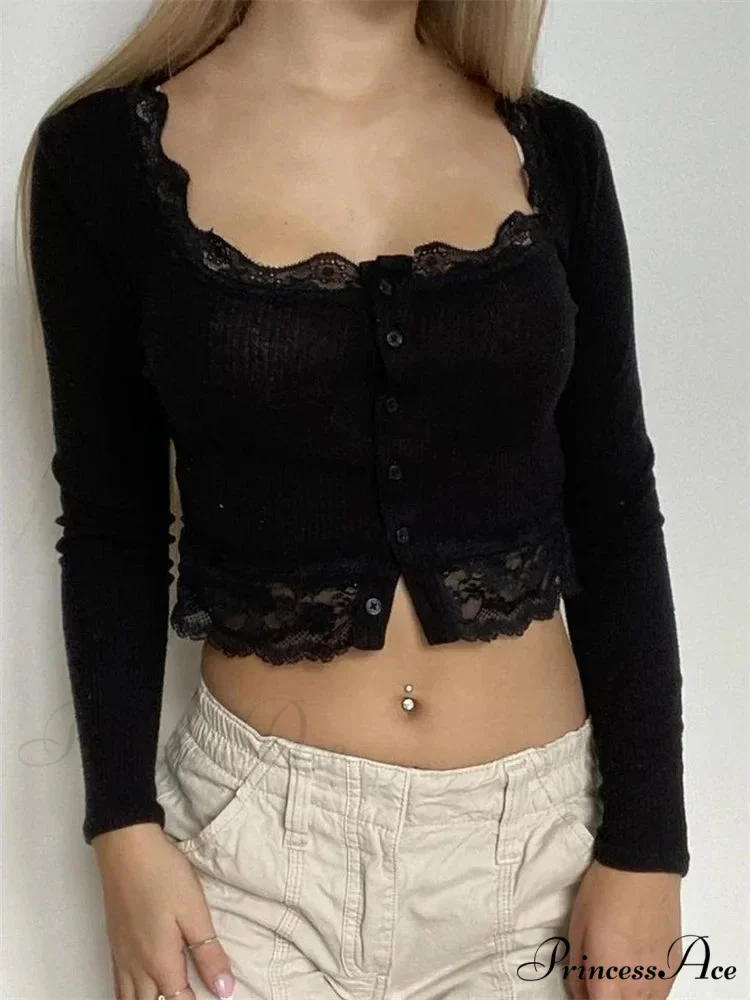 Long Sleeve O Neck Y2K Retro Lace Button Up T-Shirts - Image 4