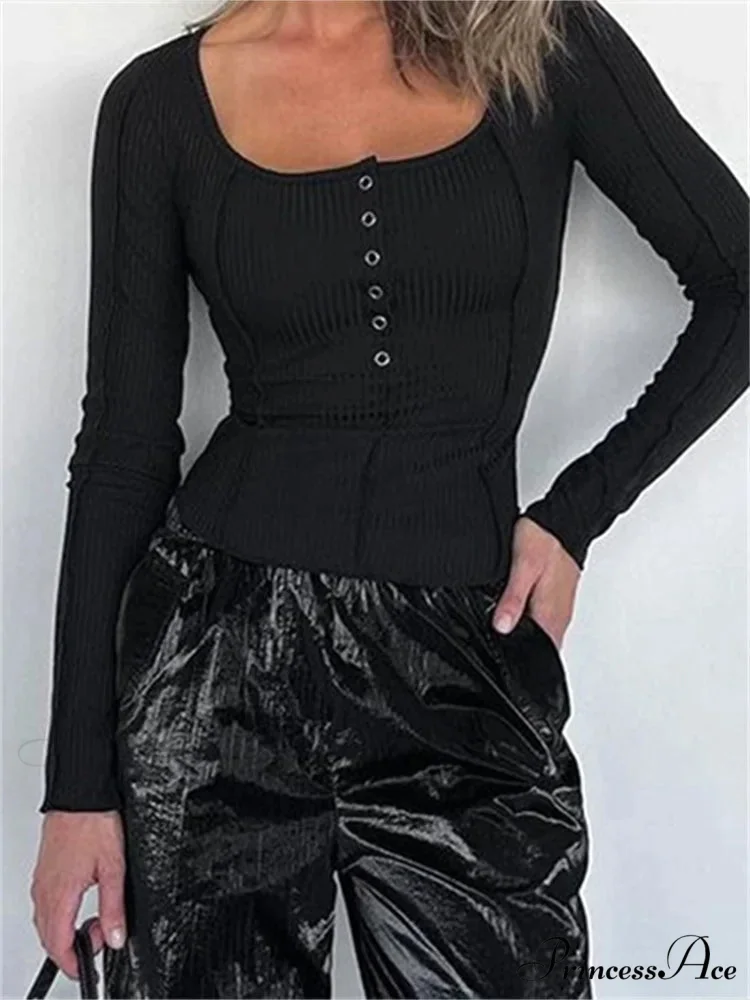 Long Sleeve Solid Color Slim Fit Ribbed Button Up T-shirts - Image 2