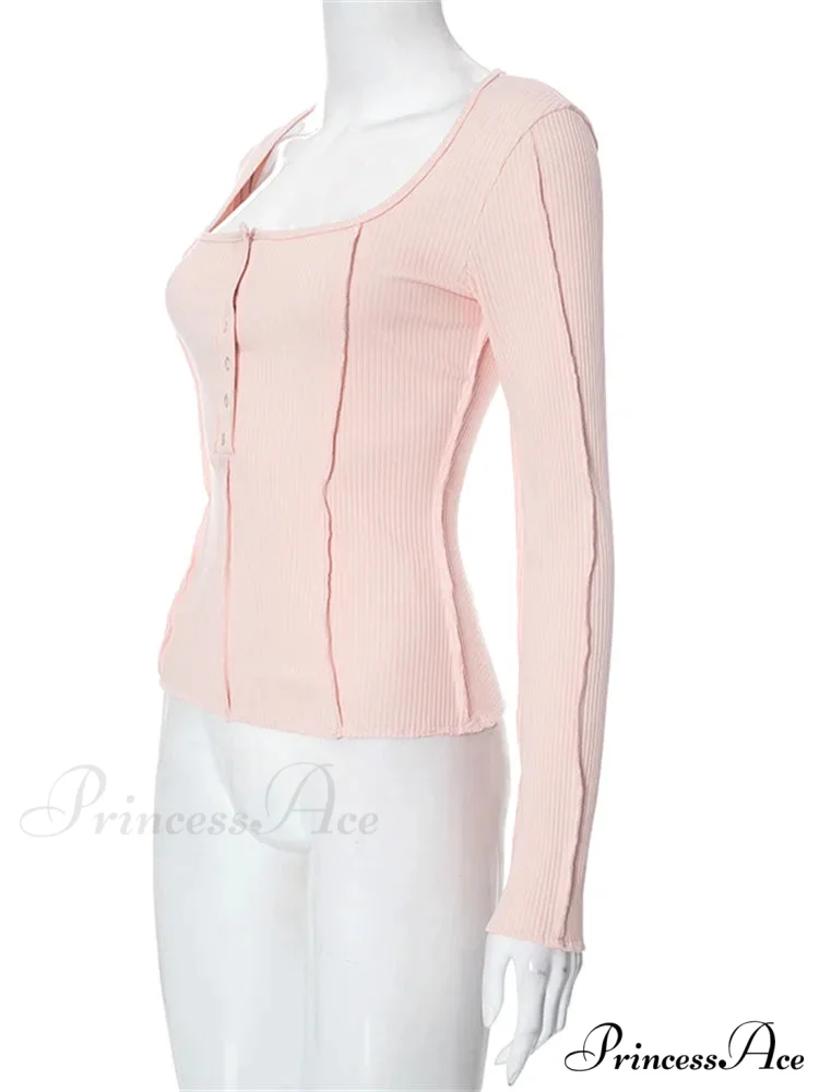 Long Sleeve Solid Color Slim Fit Ribbed Button Up T-shirts - Image 4