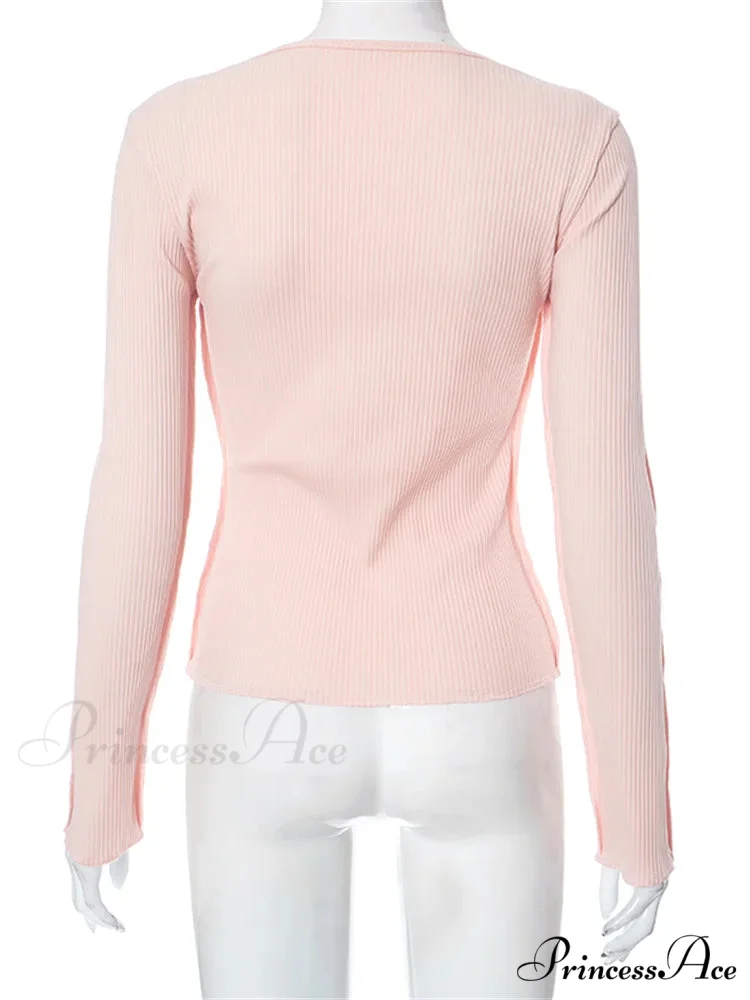 Long Sleeve Solid Color Slim Fit Ribbed Button Up T-shirts - Image 5