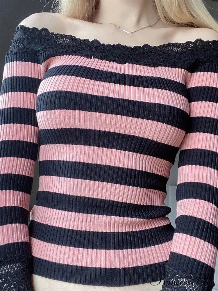 Casual Long Sleeve Retro Striped Off-Shoulder T-Shirts - Image 4