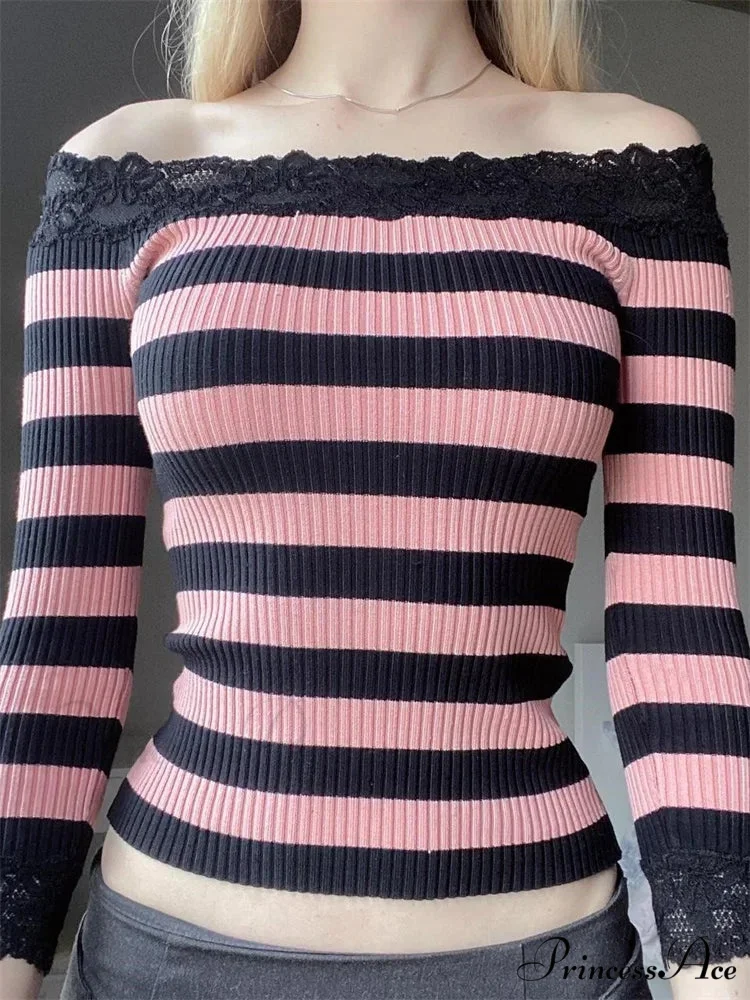 Casual Long Sleeve Retro Striped Off-Shoulder T-Shirts - Image 6
